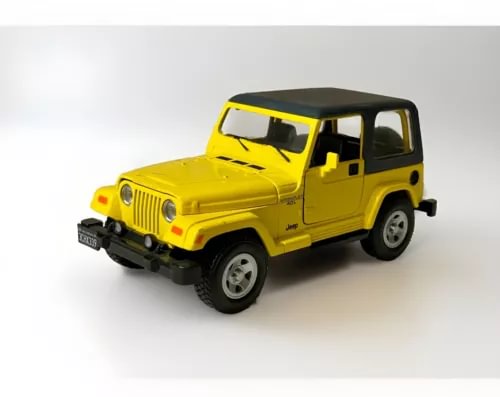Yellow alloy diecast SUV model with black grille and bumpers, 4-door