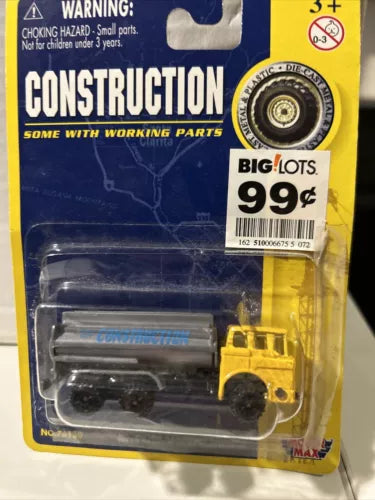 Yellow plastic construction tanker truck with silver parts, in blister pack