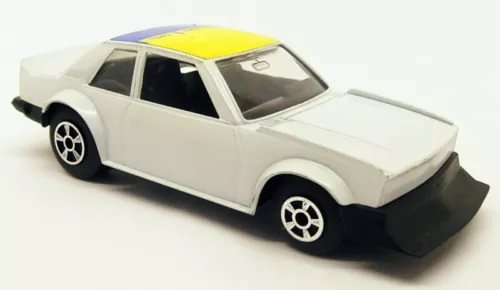 White diecast coupe model with yellow hood, black wheels and front bumper.