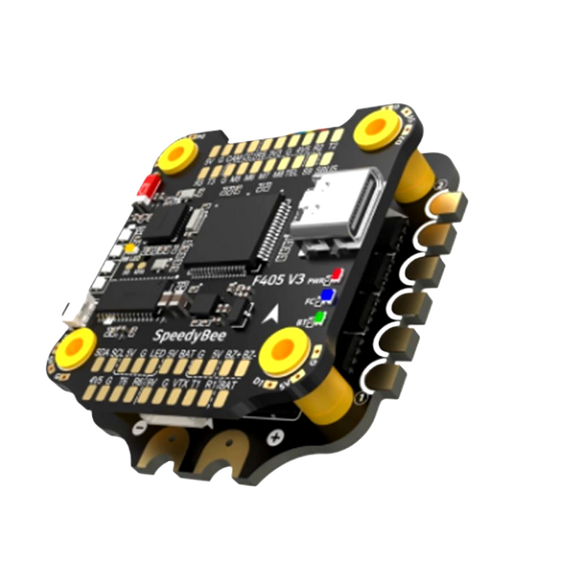 FPV drone ESC stack board, black PCB with yellow mounting holes and indicator LEDs