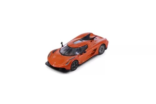 Orange diecast model car with black roof and side graphics
