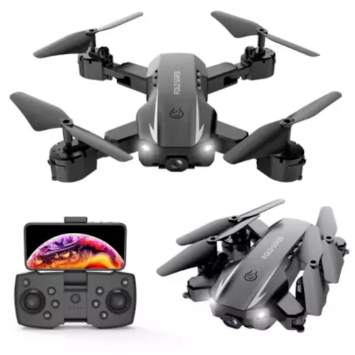 Quadcopter drone with four foldable propellers, gray controller and screen
