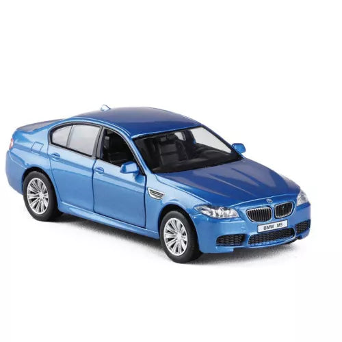Blue die-cast toy car model with front 3/4 view