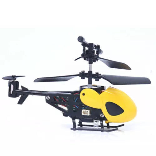 Mini RC helicopter drone with yellow body and black four-blade rotor