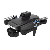 Mini quadcopter drone with dual cameras, four propellers, dark body