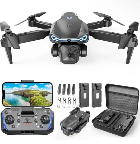Foldable FPV drone with camera, controller, phone screen, and accessories case