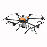 Agricultural spray drone with orange tank, multi-rotor frame, and spray booms