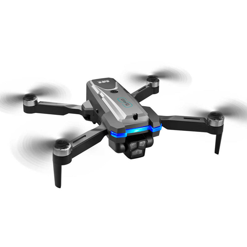 Foldable quadcopter drone with front camera and four propellers, blue LEDs