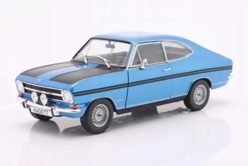 Blue 1967 Opel Kadett B rallye diecast model car, 1:24 scale, side view with decals