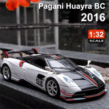 1:32 scale sports car model diecast with silver body, black stripes, red trim