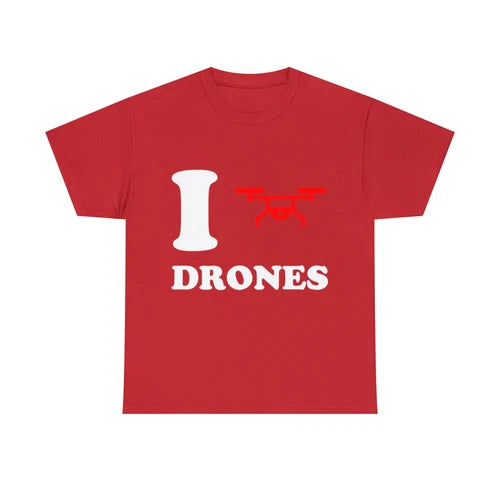 Red graphic T-shirt with front 'I DRONES' text and drone icon