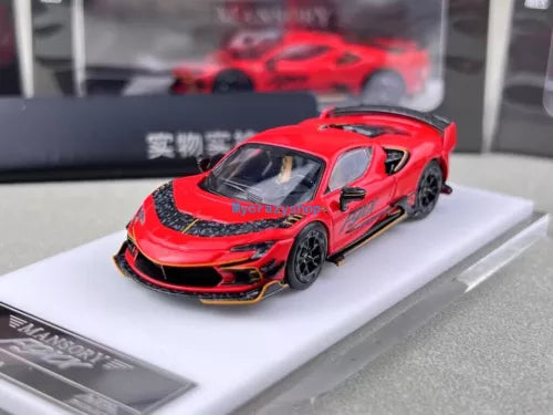 Red Mansory F9xx hardtop racing diecast car model with black wheels, front 3/4 view
