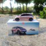 Light purple BYD Dolphin diecast model car on display box with black wheels