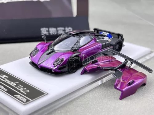 Purple 1:64 diecast sports race car with open hood and front wing, metal parts