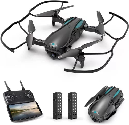 Foldable quadcopter drone with remote controller screen and teal camera panel
