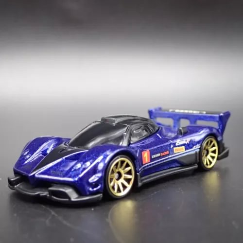 PAGANI ZONDA R die-cast model car, blue and black, front three-quarter with wing