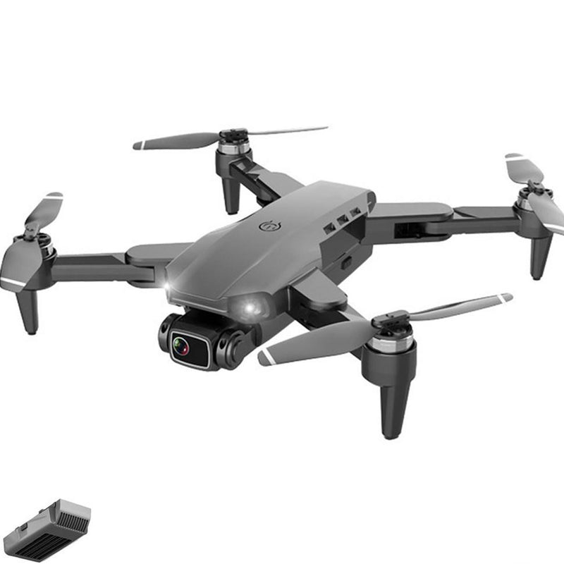 Gray quadcopter drone with front camera and foldable arms, four propellers