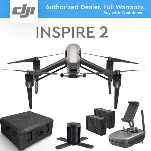 Inspire 2 drone with charging hub and controller, four propellers, black and gray