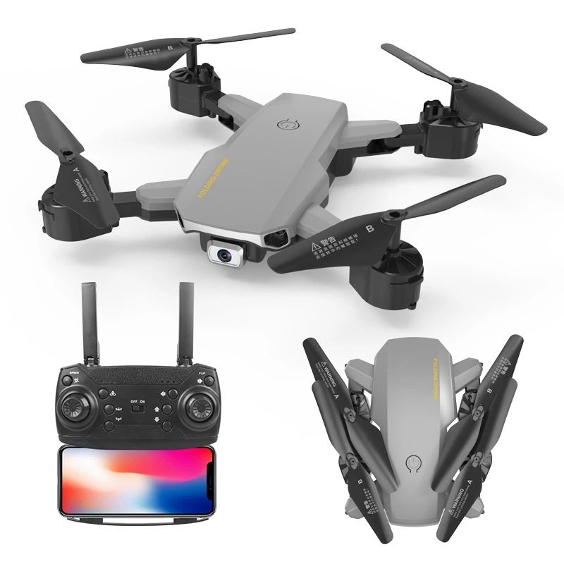 Gray folding quadcopter drone with camera and included remote controller with screen