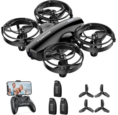 Black quadcopter drone with four propellers, camera module, and compact body