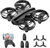 Black quadcopter drone with four propellers, camera module, and compact body