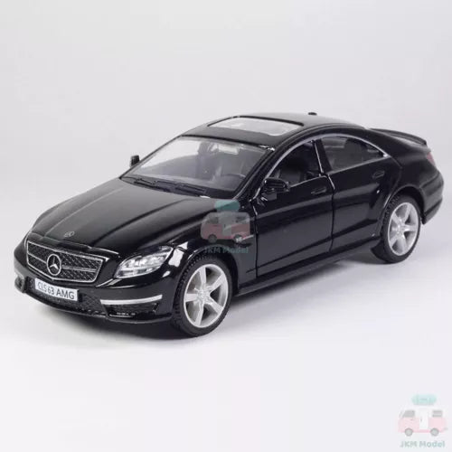 Black 1:36 diecast model car of CLS63 AMG, front three-quarter view, silver wheels