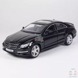 Black 1:36 diecast model car of CLS63 AMG, front three-quarter view, silver wheels