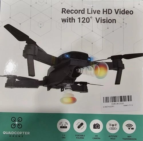 Black quadcopter drone with front camera lens and four rotors