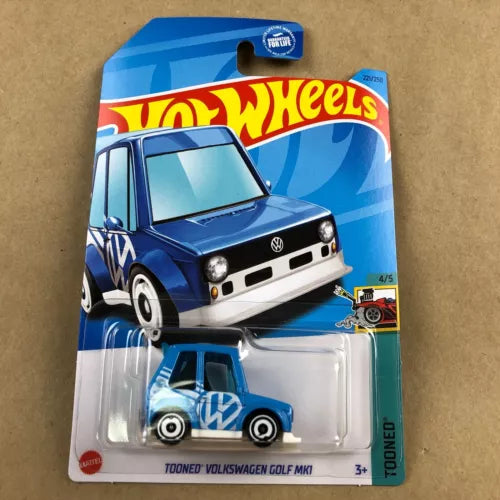 Hot Wheels 1:64 blue-and-white diecast Volkswagen Golf MK1 toy, in blister pack