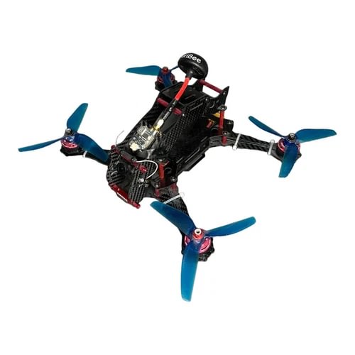 FPV racing quadcopter drone with blue propellers and black frame, red accents