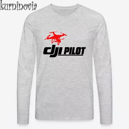 Heather grey long-sleeve t-shirt with red and black DJI Pilot logo graphic, S–2XL