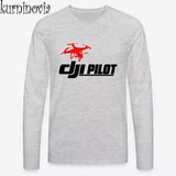 Heather grey long-sleeve t-shirt with red and black DJI Pilot logo graphic, S–2XL