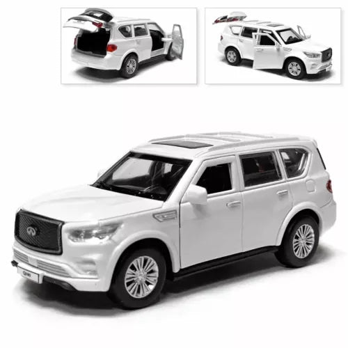 Infinity QX80 diecast model car, white SUV, front-side view, 1/64 scale