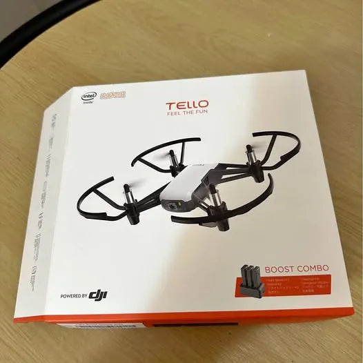 DJI Tello drone retail box with drone illustration and Boost Combo icon
