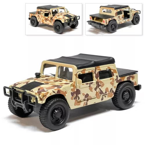 Camouflage diecast Hummer H1 toy truck model with black wheels and grille, front 3/4 view