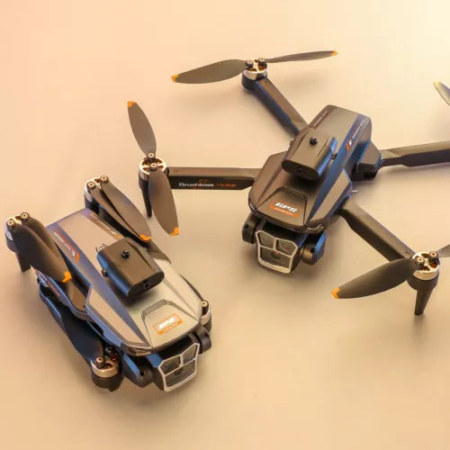 Dual quadcopter drones with 4 rotors each, dark gray body with orange accents