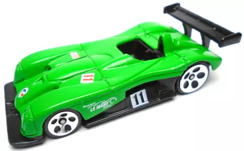 Green diecast race car with black rear wing, white wheels, and #11 decal