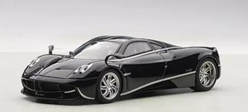 AUTOart Pagani Huayra black diecast car with silver stripes, side view