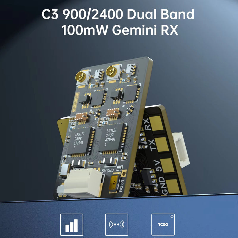 Dual-band RX circuit board with gold RF connector pads and electronic components