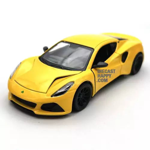 Yellow 1:34 scale diecast sports car model by Kinsmart, front 3/4 view