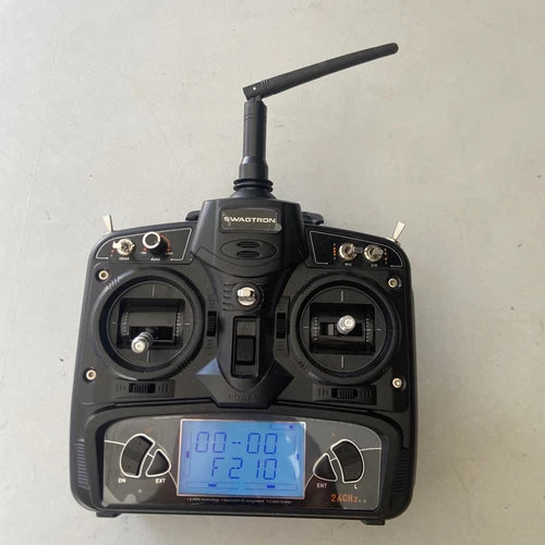 Swagtron drone remote control with screen, two thumb sticks, side dials, and antenna