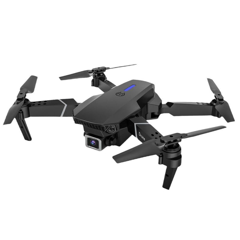 Black quadcopter drone with camera, four propellers and front lens