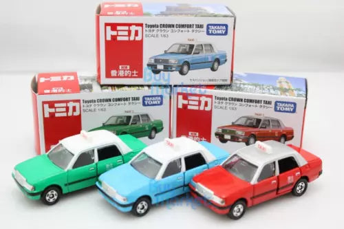 Diecast toy car set with three Hong Kong taxi models, green, blue and red