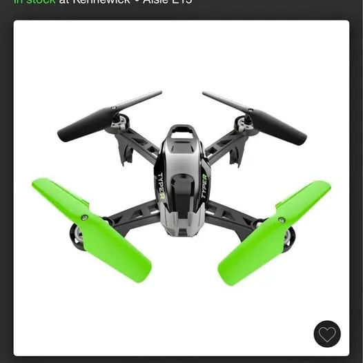Quadcopter drone with black body and four green propellers, top view
