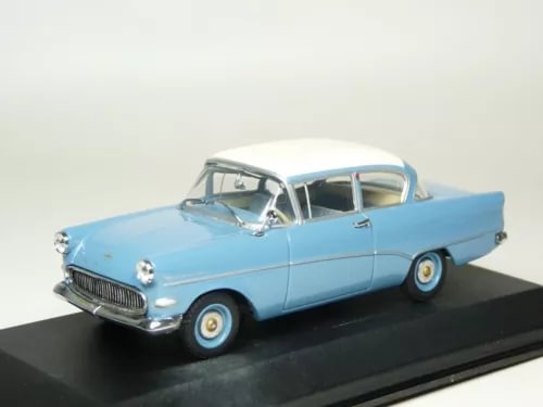 Minichamps 1:43 diecast model car, light blue 1958 Opel Rekord P1, front three-quarter view