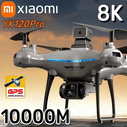 Gray quadcopter drone with dual cameras and 8K video recording