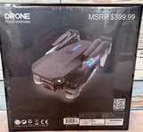 Retail drone product box with image of grey quadcopter and camera icon