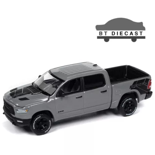 Grey diecast pickup truck with black wheels, front three-quarter view