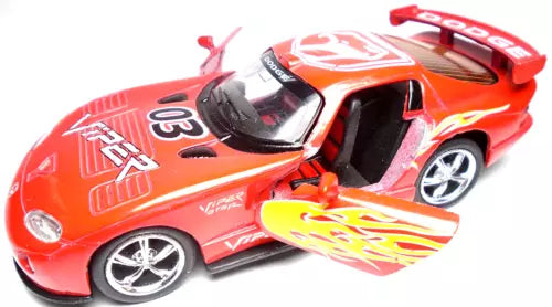 Red diecast pull-back race car with yellow flame graphics and number 03 on hood