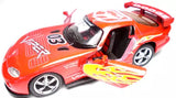 Red diecast pull-back race car with yellow flame graphics and number 03 on hood